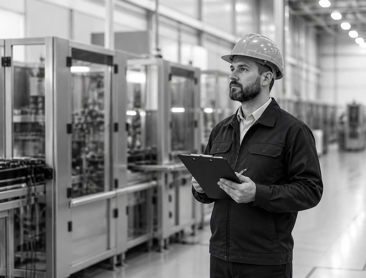Auditor inspecionando processos em planta industrial